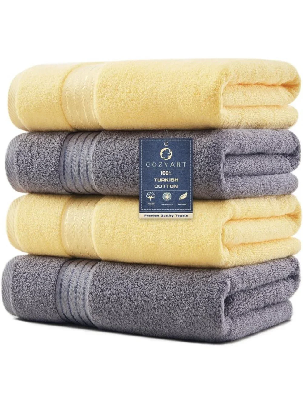 Soft Turkish Cotton Bath Towels Set, 4 PCS, 27x54, 650 GSM, Grey & Yellow